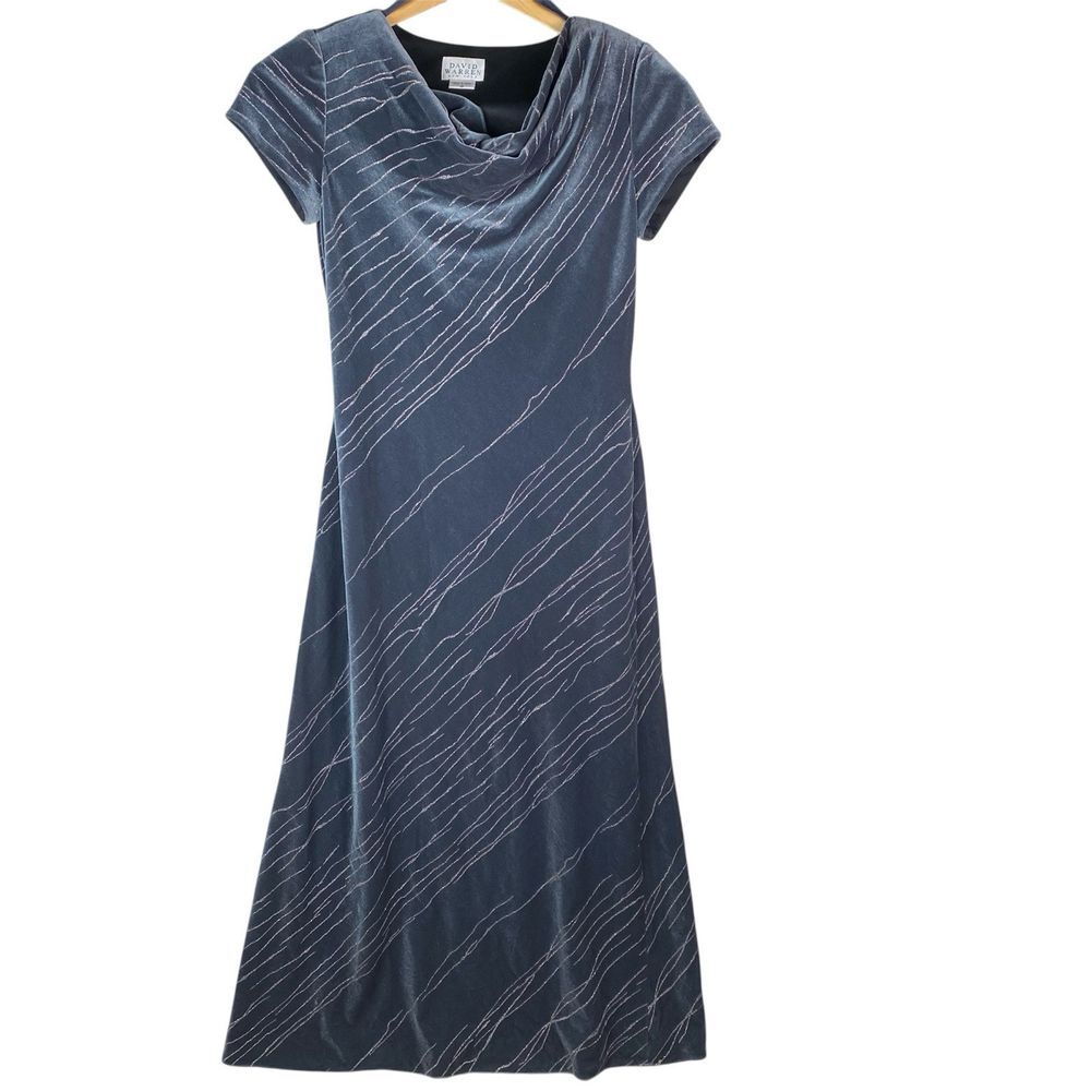 VTG David Warren NY Velvet Maxi Dress‎ Size 10 Short Sleeve Glitter Cowl Neck